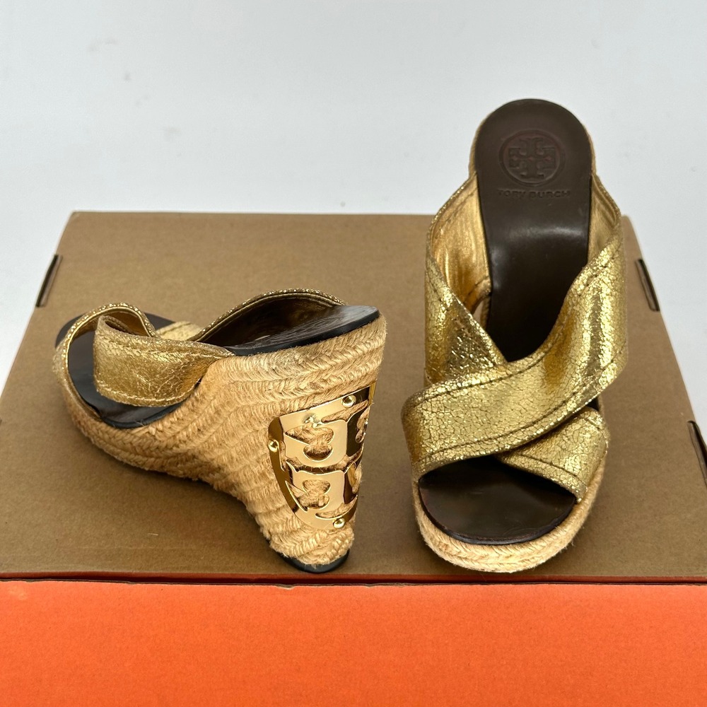 Tory Burch Espadrille Wedge Gold Crisscross X Leather Sandal 7 M